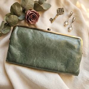 HOBO Olive Green Leather Frame Clutch with Kiss-Lock